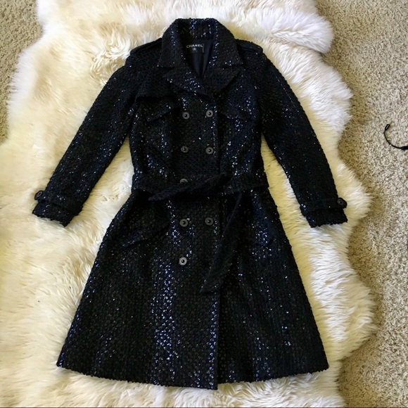 CHANEL Jackets & Blazers - Chanel Black Wool Blend Sequin Trench Coat 38 S-M